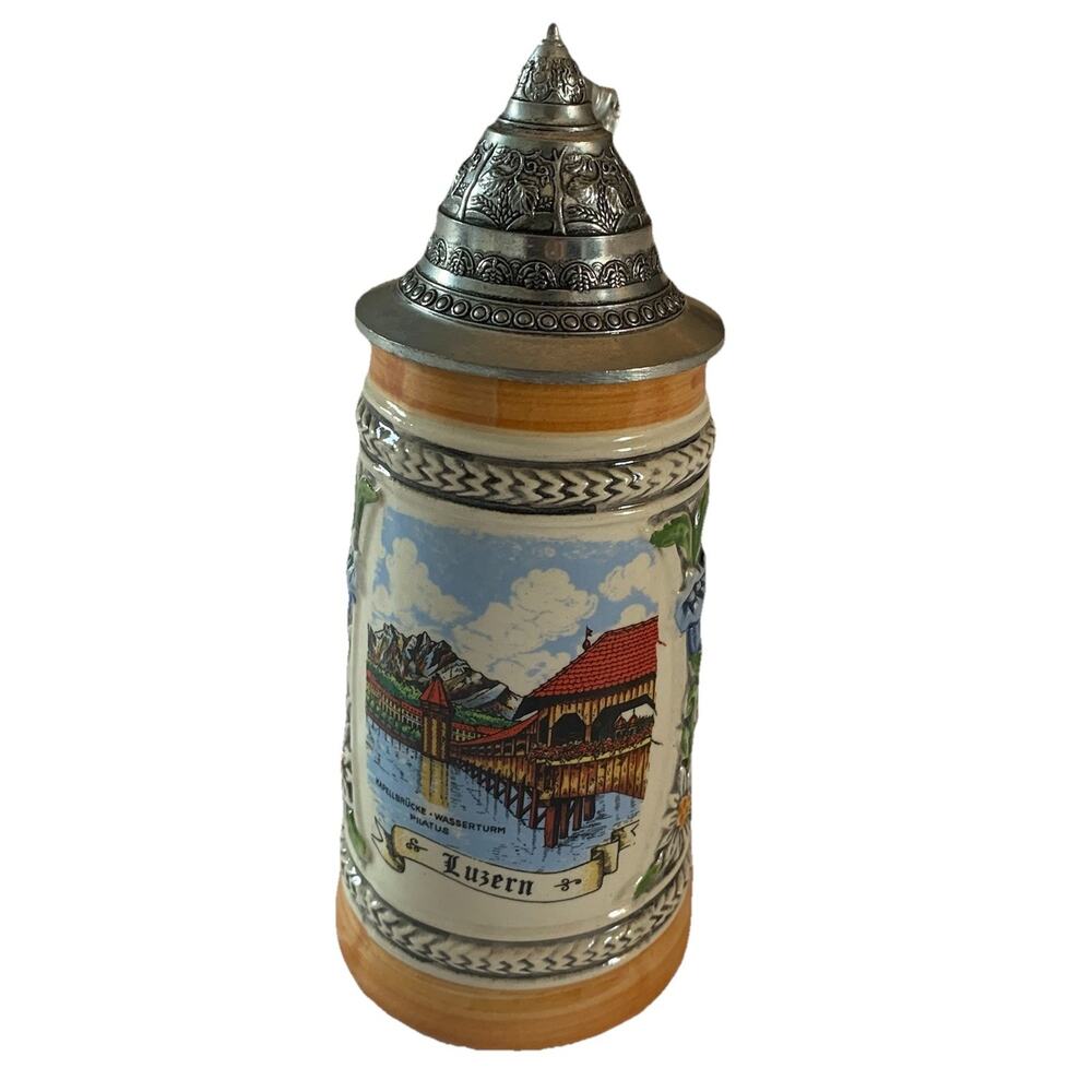 Vintage German Gerz Luzern Pewter Lidded Hand Painted Beer Stein ~6.5 x 2.5”